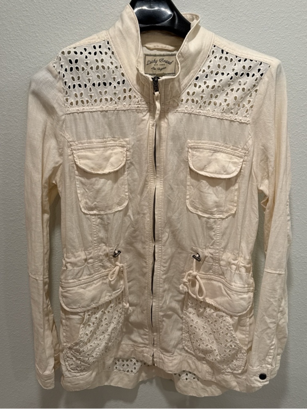 Like New Cotton Eyelet Lucky Brand Cream Utility Jacket with Drawstring Waist